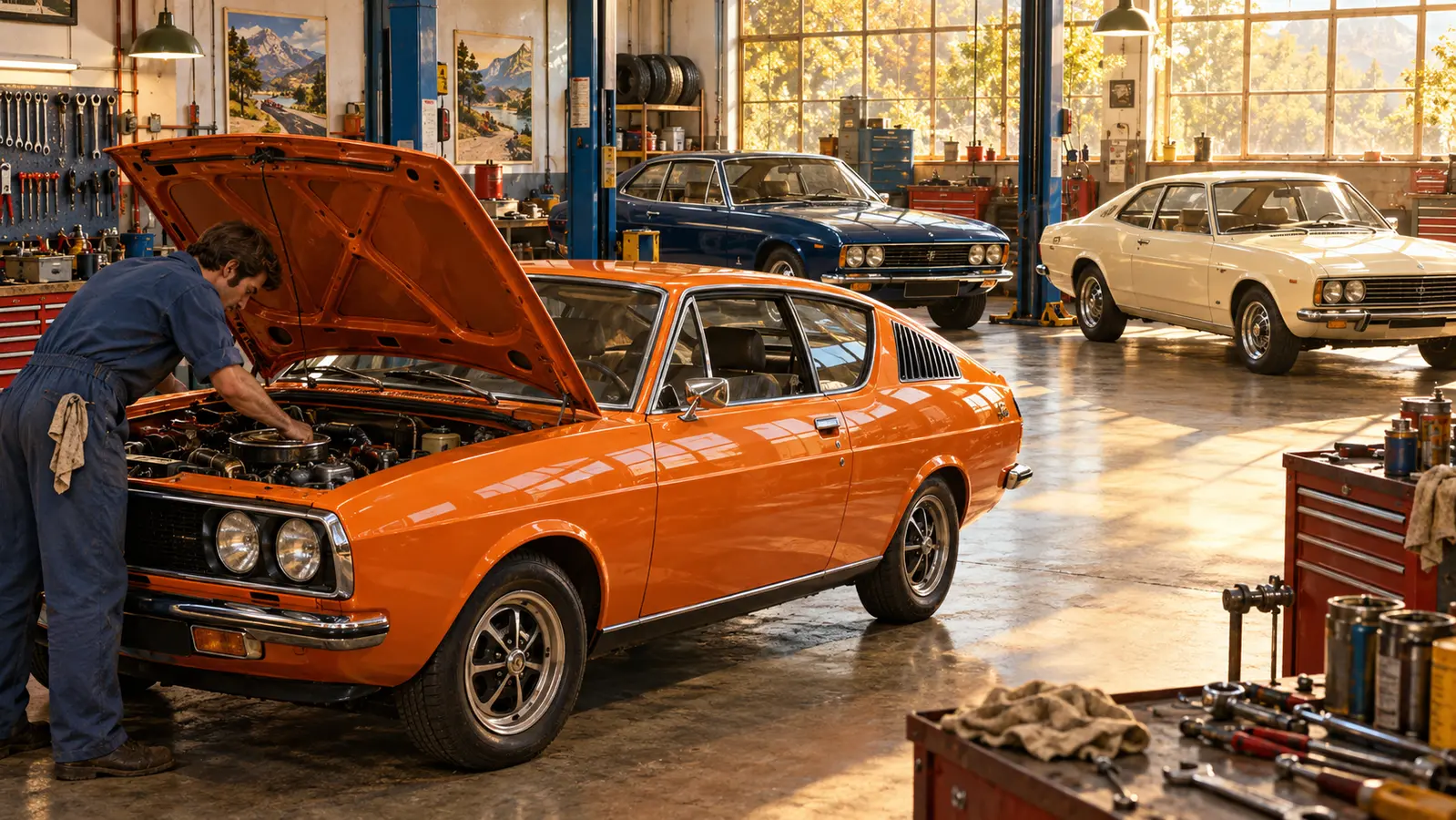 Renault 17 orange, Peugeot 504 Coupé et Ford Taunus dans un atelier de véhicules classiques