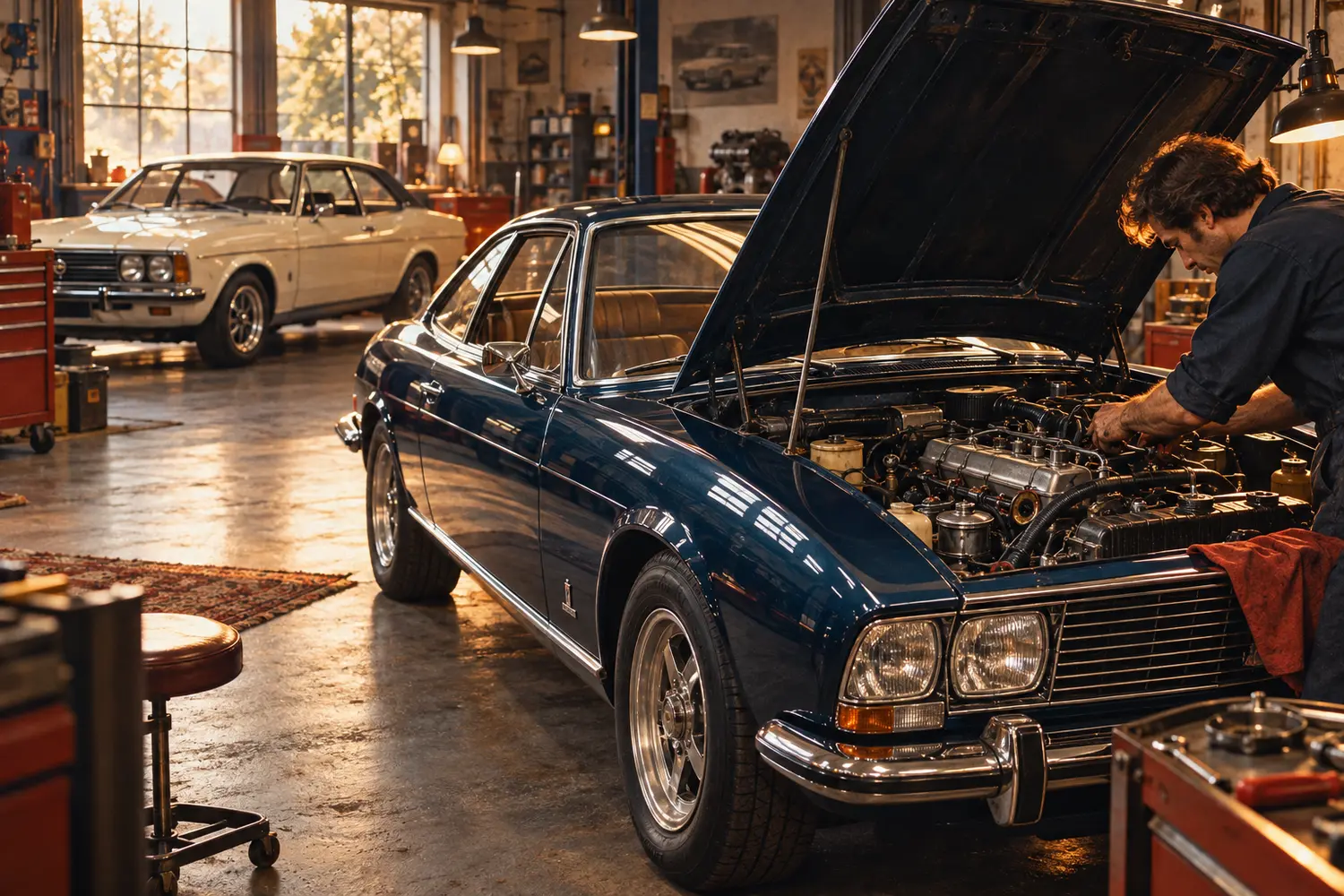 Mécanicien travaillant sur une Peugeot 504 Coupé dans un atelier consacré aux véhicules anciens